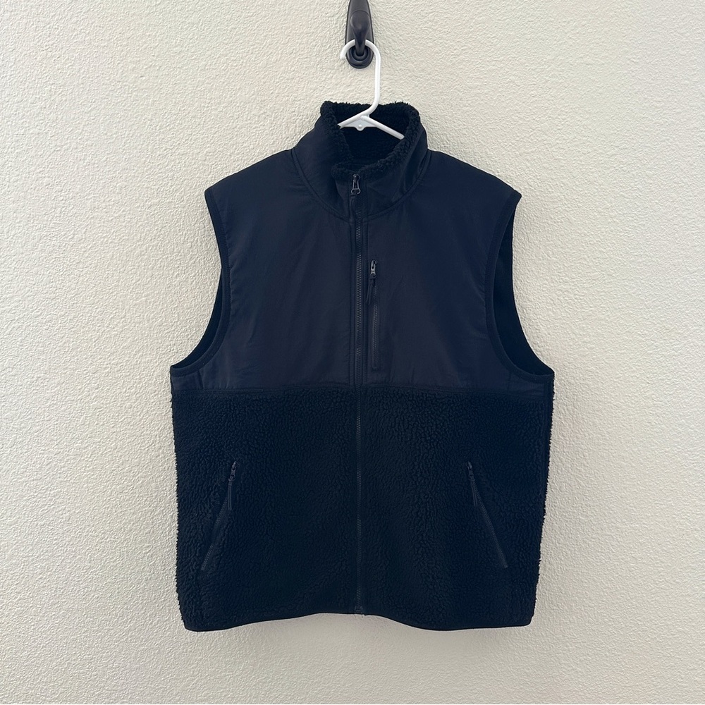 J.Crew Authentic Fleece Vest Mens Large‎ Black Sherpa Mixed Media Full Zip